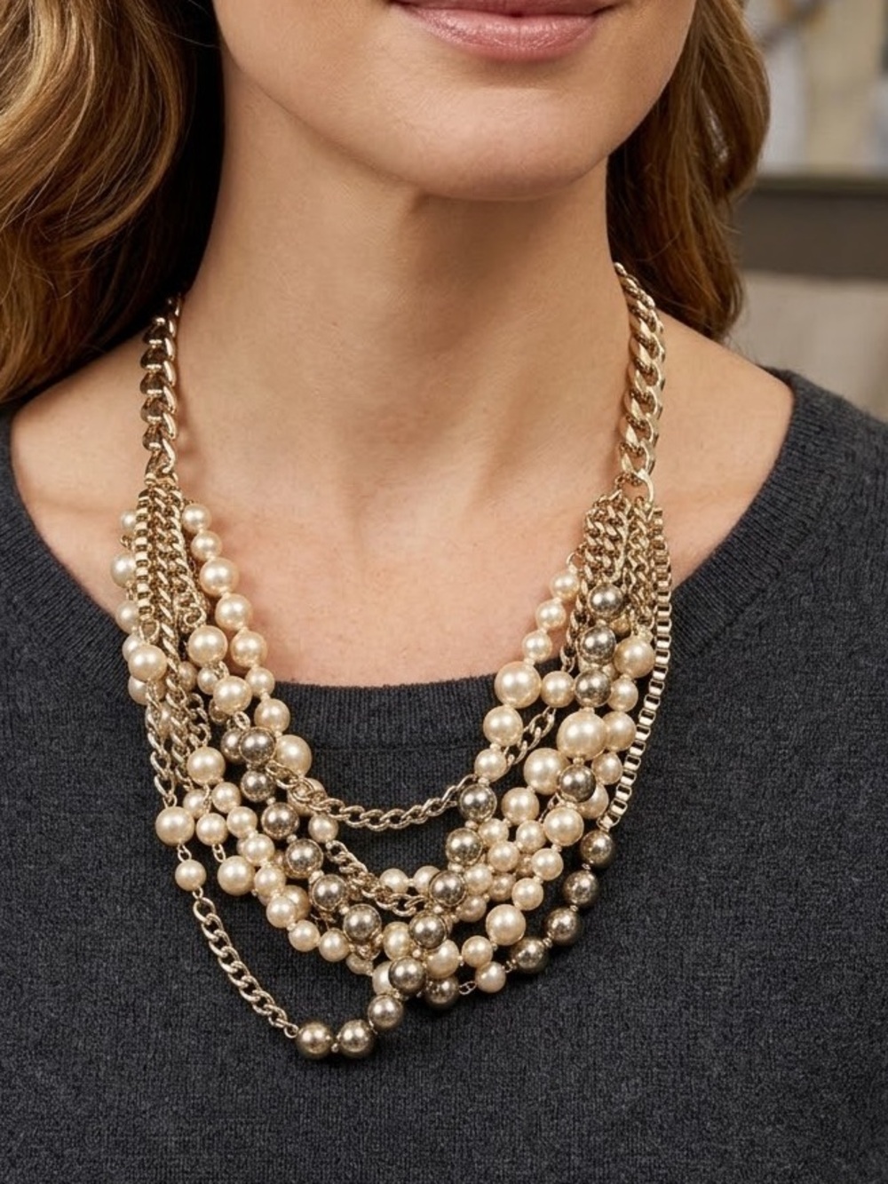 Stella & Dot Multi Strand Faux Pearl in Champagne & Gold Tone Chain Necklace